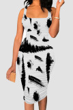 Gray Blue Sexy Print Patchwork Square Neck Wrapped Skirt Dresses