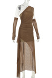 Khaki Sexy Solid Color Patchwork High Slit Oblique Collar Long Dresses(With Sleeves)