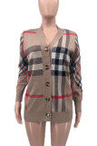 Light Brown Street Plaid Buckle Patchwork V Neck Tops