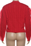 Red Casual Solid Color Fringed Trim Patchwork O Neck Tops