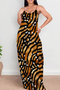 Brown Sexy Print Patchwork Backless Spaghetti Strap Sling Dresses