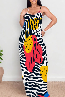 Red Yellow Sexy Print Patchwork Backless Spaghetti Strap Sling Dresses