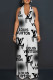 Black White Casual Daily Letter Print Gradient Lace Up Backless Contrast Halter Loose Jumpsuits