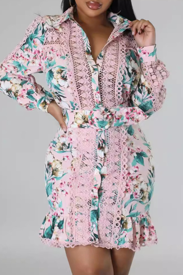Pink Elegant Print Lace Buckle Patchwork With Belt Turndown Collar Wrapped Skirt Dresses
