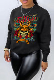 Black Casual Street Skull Head Letter Print O Neck Tops