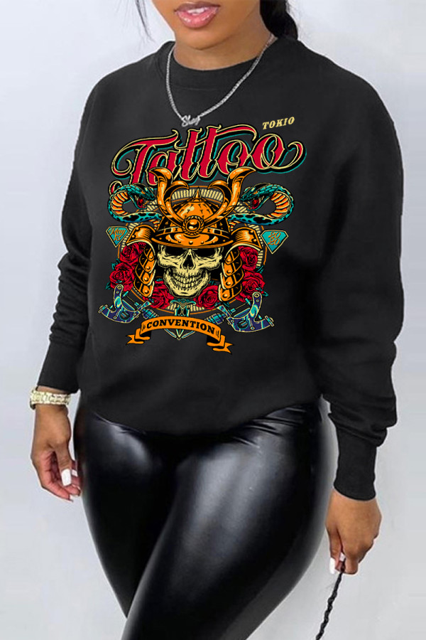 Black Casual Street Skull Head Letter Print O Neck Tops