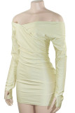 Champagne Sexy Solid Color Patchwork Ruched Off Shoulder Wrapped Skirt Dresses