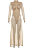 Skin Color Sexy Solid Color Patchwork Turtleneck Long Dresses