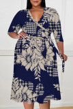 Tibetan Blue Casual Daily Floral Print Tie Dye Stripe Lace Up Contrast V Neck Printed Plus Size Dresses