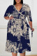 Tibetan Blue Casual Daily Floral Print Tie Dye Stripe Lace Up Contrast V Neck Printed Plus Size Dresses