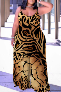 Brown Casual Leopard Print Backless Spaghetti Strap Plus Size Jumpsuits