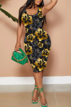 Black Gold Casual Print Basic U Neck Vest Dresses
