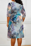Tibetan Blue Casual Daily Floral Print Tie Dye Stripe Lace Up Contrast V Neck Printed Plus Size Dresses