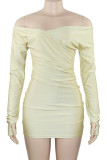 Champagne Sexy Solid Color Patchwork Ruched Off Shoulder Wrapped Skirt Dresses