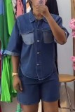 Blue Casual Patchwork Pocket Turndown Collar Short Sleeve Two Pieces