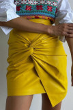 Yellow Sexy Solid Color Patchwork Ruched Zipper Straight High Waist Patchwork Bottoms