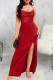 Red Elegant Solid Color Patchwork Backless High Slit Spaghetti Strap Sling Dresses