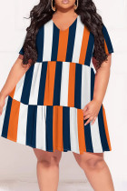White Orange Casual Print Patchwork V Neck Straight Plus Size Dresses