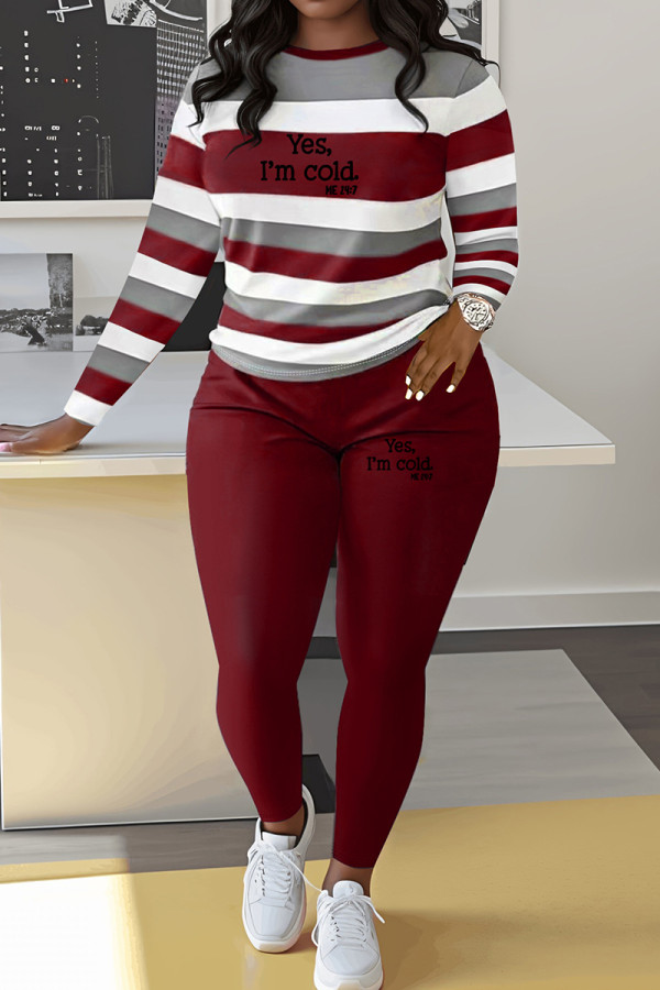 Burgundy Casual Print Patchwork O Neck Long Sleeve Two Pieces