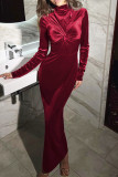 Black Elegant Solid Color Patchwork Ruched Half A Turtleneck Long Dresses