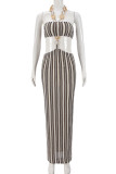 Brown Sexy Stripe Hollow Out Patchwork High Slit Strap Design Halter Two Pieces
