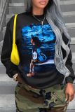 Black Casual Cartoon Print O Neck Tops