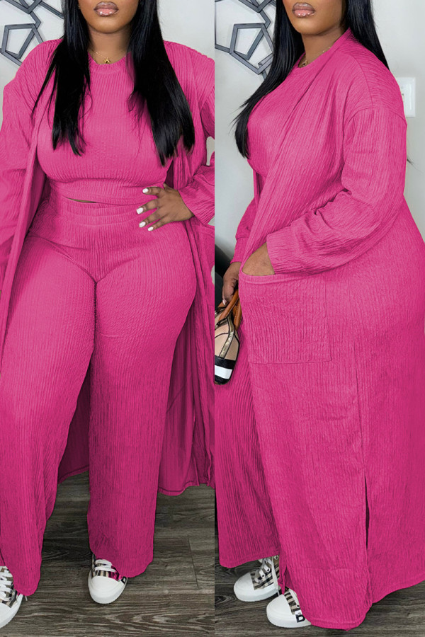 Red Casual Solid Color Pocket O Neck Long Sleeve Three Piece Set