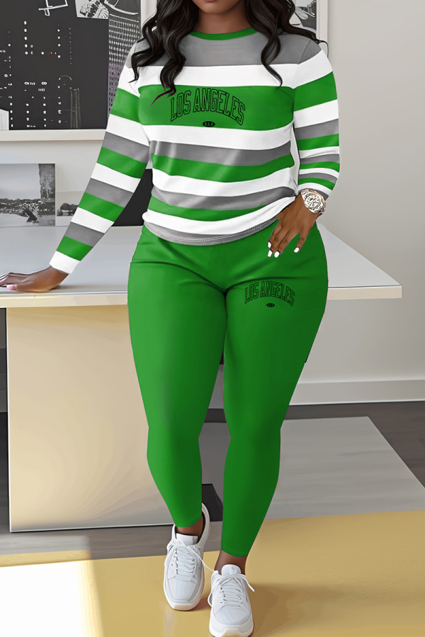 Green Casual Print Letters O Neck Long Sleeve Two Pieces