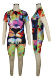 Multicolor Casual Print Patchwork O Neck Short Sleeve Two Pieces