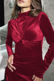 Black Elegant Solid Color Patchwork Ruched Half A Turtleneck Long Dresses