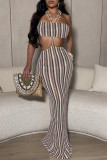 Brown Sexy Stripe Hollow Out Patchwork High Slit Strap Design Halter Two Pieces