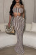 Brown Sexy Stripe Hollow Out Patchwork High Slit Strap Design Halter Two Pieces