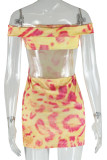 Yellow Sexy Print Patchwork Backless Off Shoulder Wrapped Skirt Dresses