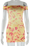 Yellow Sexy Print Patchwork Backless Off Shoulder Wrapped Skirt Dresses