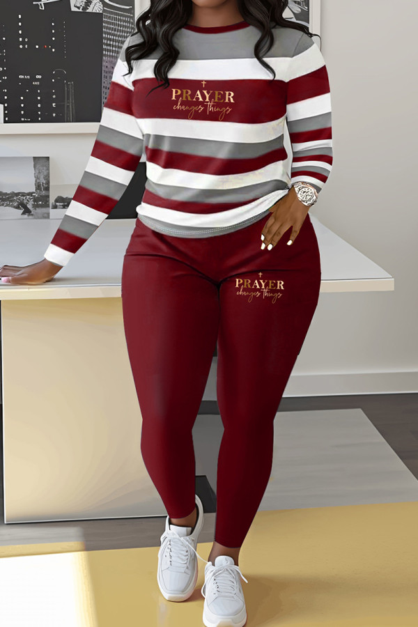 Burgundy Casual Stripe Letters Patchwork O Neck Long Sleeve Two Pieces