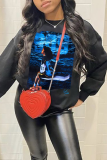 Black Casual Cartoon Print O Neck Tops