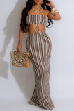 Brown Sexy Stripe Hollow Out Patchwork High Slit Strap Design Halter Two Pieces