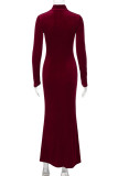 Black Elegant Solid Color Patchwork Ruched Half A Turtleneck Long Dresses