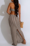 Brown Sexy Stripe Hollow Out Patchwork High Slit Strap Design Halter Two Pieces