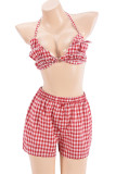 Red Sexy Plaid Patchwork Backless Spaghetti Strap Two Pieces