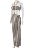 Brown Sexy Stripe Hollow Out Patchwork High Slit Strap Design Halter Two Pieces