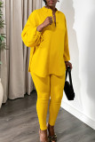 Rose Red Casual Solid Color Patchwork Slit V Neck Long Sleeve Two Pieces