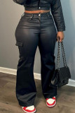 Black Casual Solid Color Pocket Buttons Patchwork Bodycon Mid Waist Conventional Patchwork Bottoms