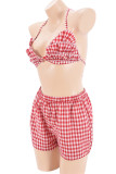 Red Sexy Plaid Patchwork Backless Spaghetti Strap Two Pieces