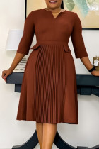 Brown Elegant Solid Color Pleated V Neck A Line Dresses