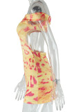 Yellow Sexy Print Patchwork Backless Off Shoulder Wrapped Skirt Dresses