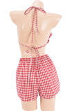 Red Sexy Plaid Patchwork Backless Spaghetti Strap Two Pieces