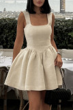 Cream White Sexy Solid Color Patchwork Square Neck A Line Dresses