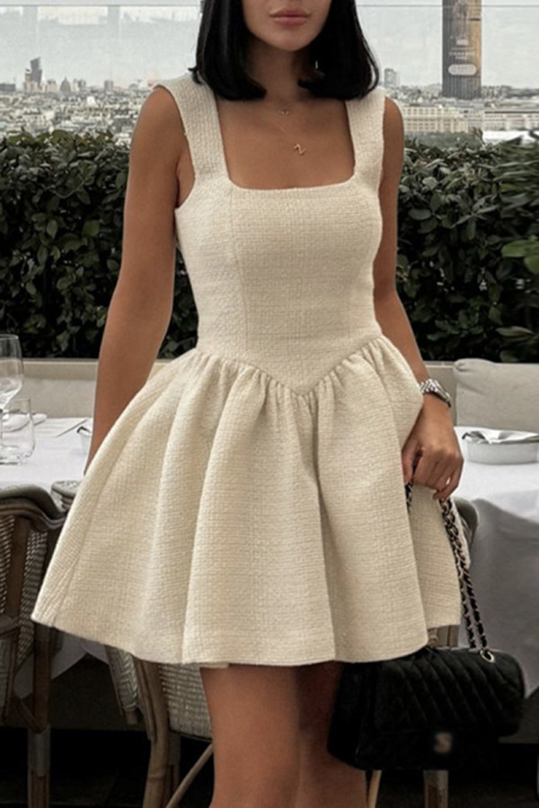 Cream White Sexy Solid Color Patchwork Square Neck A Line Dresses