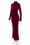 Black Elegant Solid Color Patchwork Ruched Half A Turtleneck Long Dresses